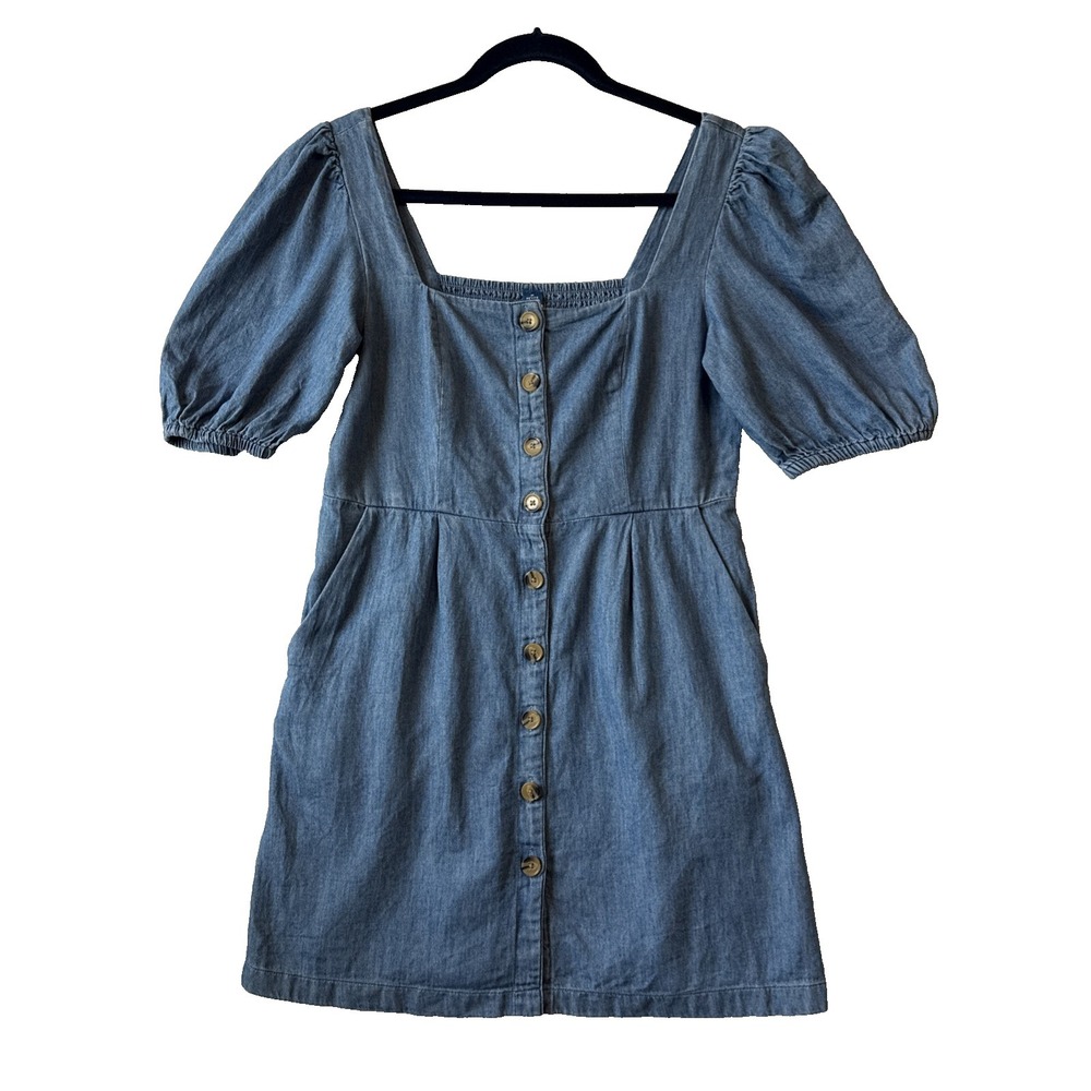 Old Navy Denim Square Neck Puff Sleeve Button Smocked Dress M Petite Cottagecore